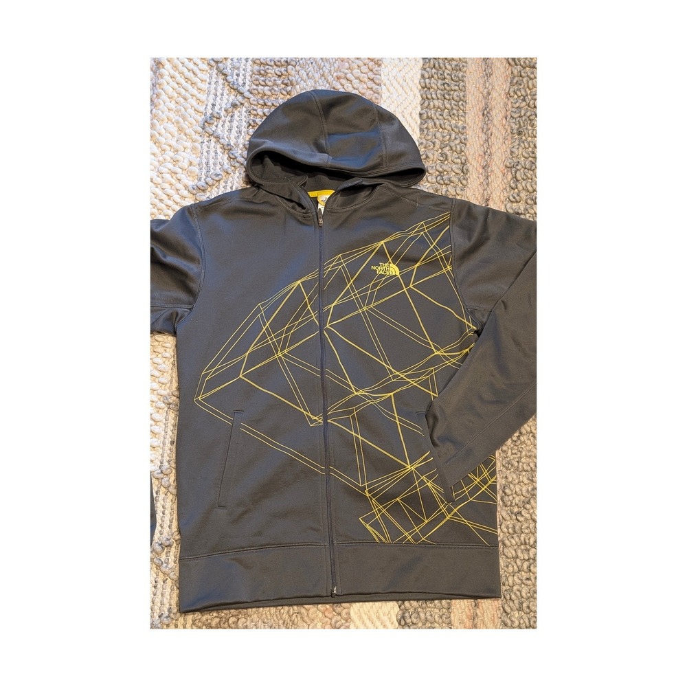 The North Face Mens Full Zip Hoodie Gray Yellow Geometric Graphic Fleece Small